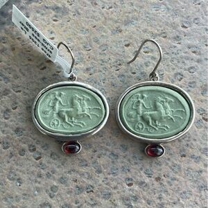 Elegant Sterling Silver 925 & Green Lava Cameo with Garnets  Earrings